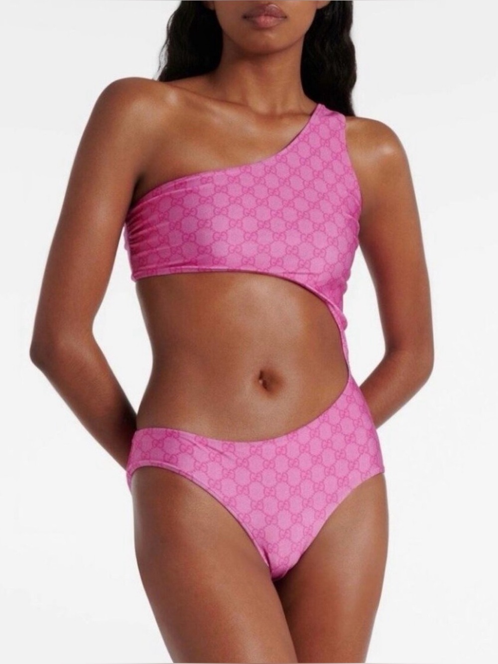 NWT Gucci Pink One-Shoulder Cutout Monogram Bikini